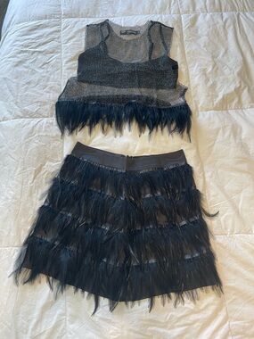 Black Feather Tiered Mini Skirt and Sleeveless Top 3pc set MEDIUM